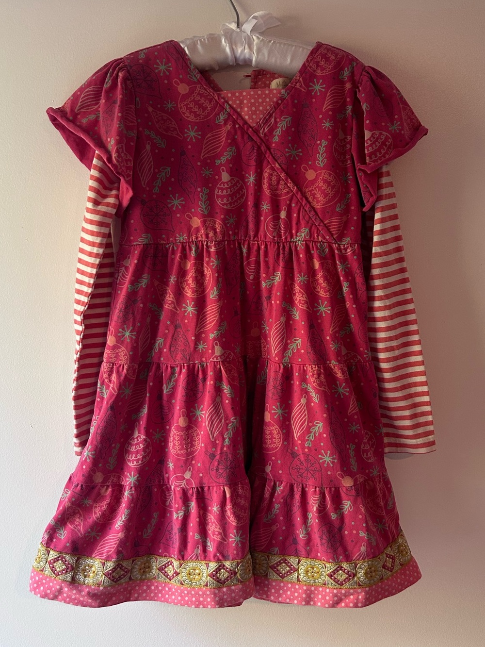 Matilda Jane Pink Layered Holiday Print Dress with Striped Sleeves